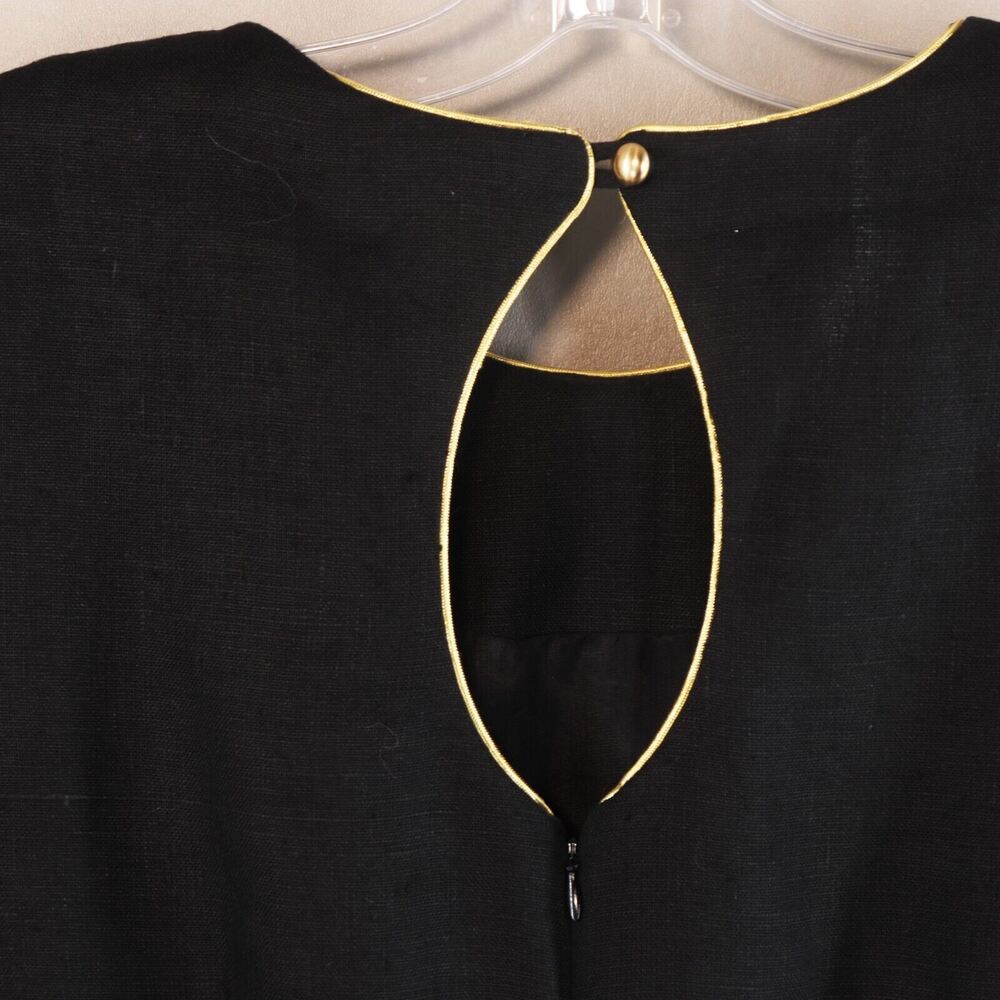 Santa Fe Dress Women Plus 18 Black Linen Gold Star Trim Short Sleeve Keyhole - Picture 8 of 12
